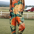 Women's Vintage Flower Art Print Casual 100% Cotton Wide Leg Jumpsuit