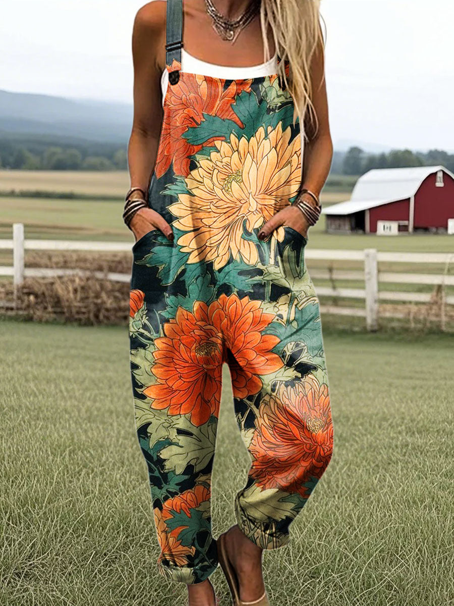 Women's Vintage Flower Art Print Casual 100% Cotton Wide Leg Jumpsuit