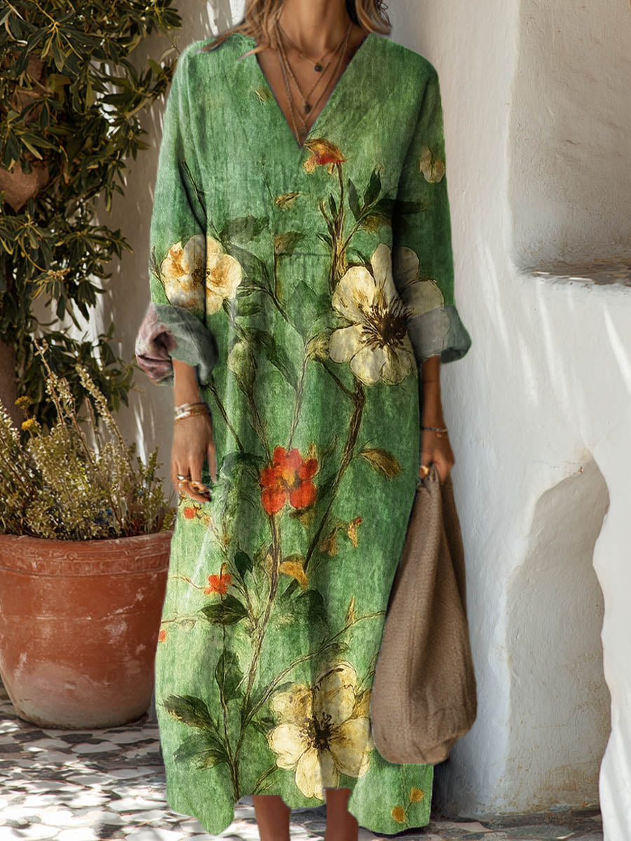 Women's Vintage Floral Pattern Art Print Cotton Dress