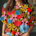 Pull en maille à manches courtes et col rond, imprimé floral vintage pour femme 