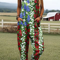 Women's Vintage Flag Floral Art Print Casual 100% Cotton Wide Leg Jumpsuit