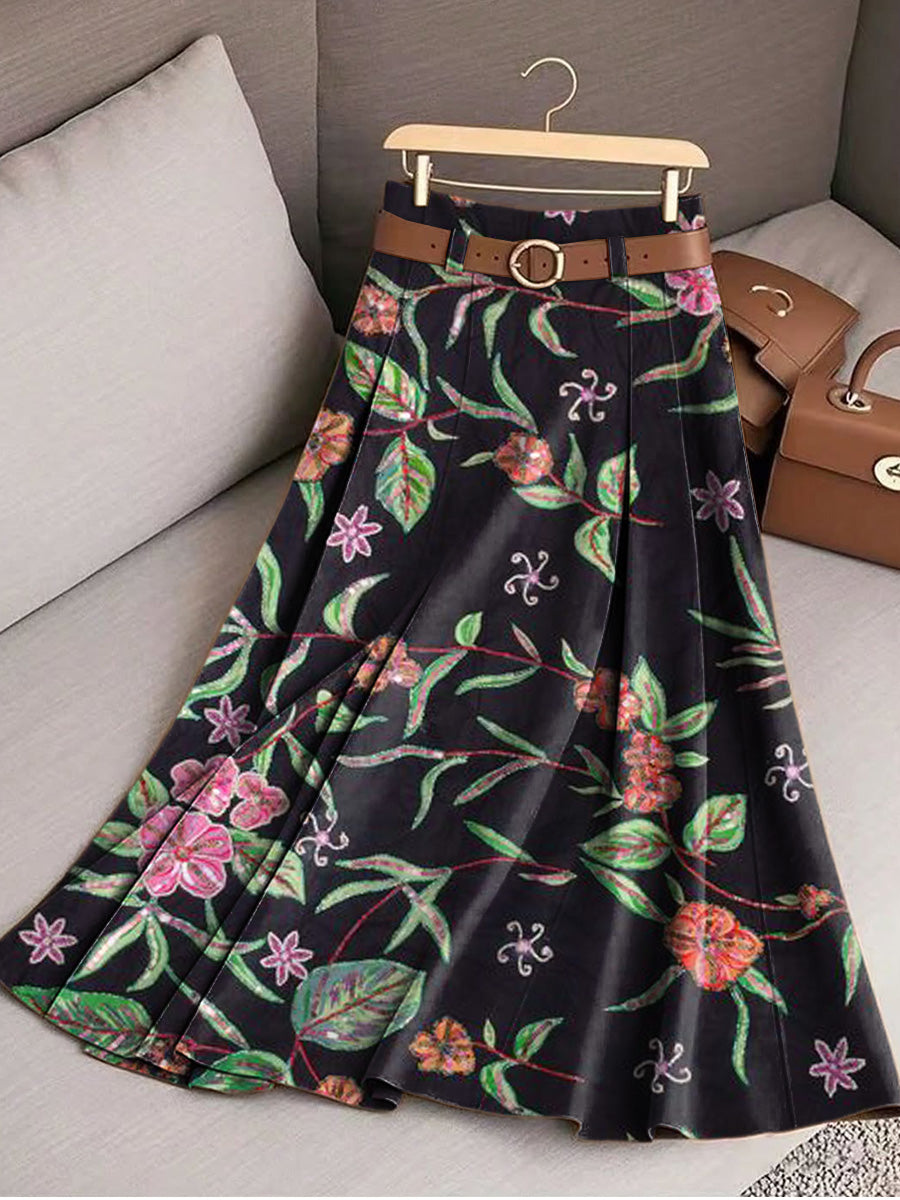 Women's Vintage Beautiful Ethnic Floral Art Print Cotton Skirt