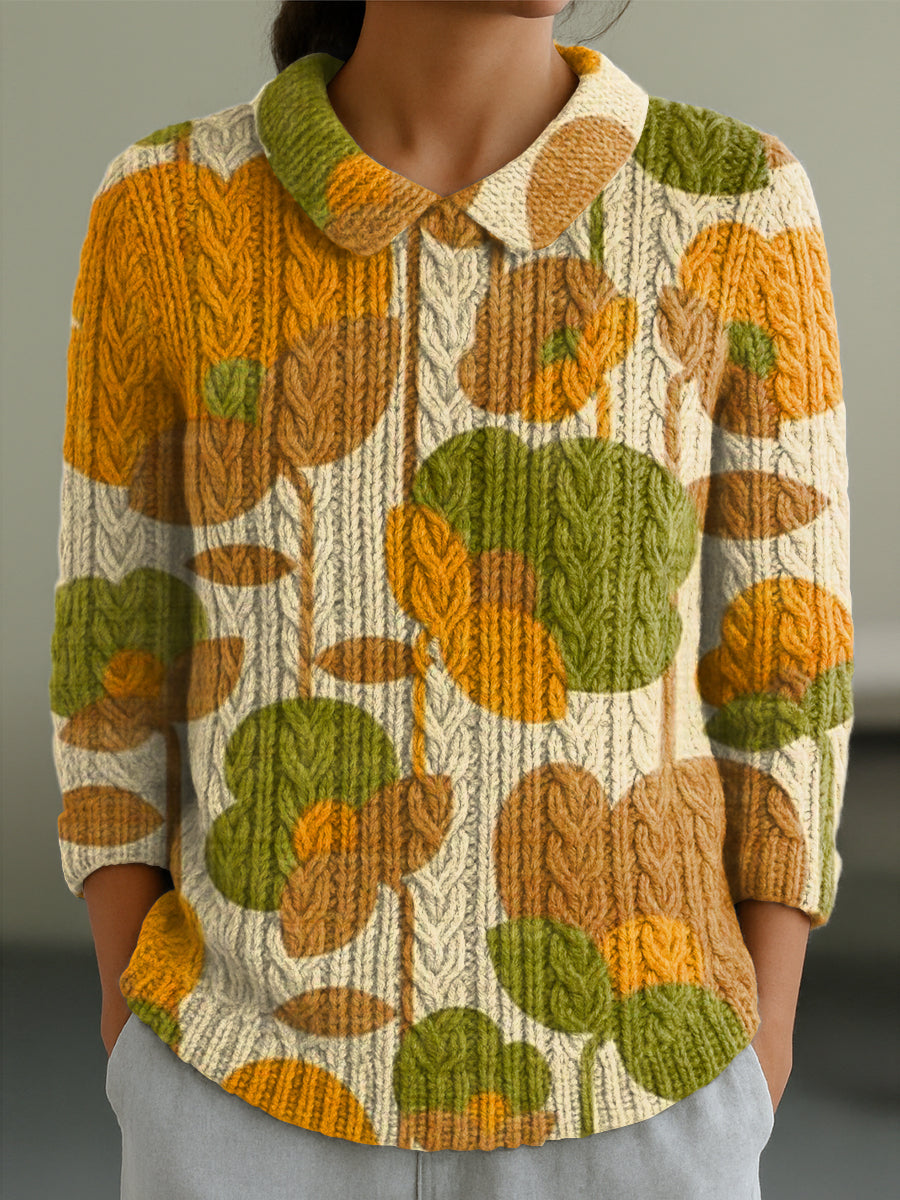 womens-cute-large-flower-painting-art-print-casual-peter-pan-collar-3-4-sleeve-sweater-dozv