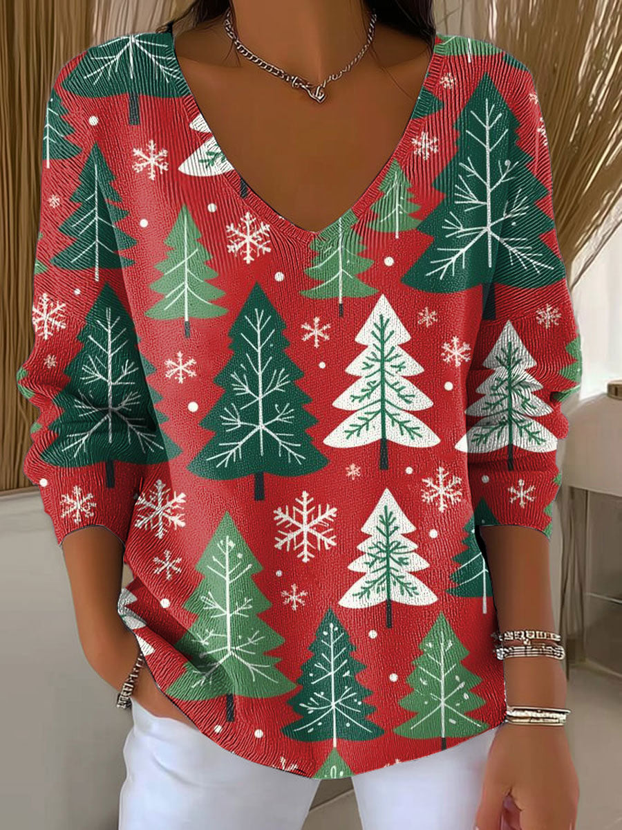 Women's Christmas Tree Pattern Print Casual Pullover Sweater
