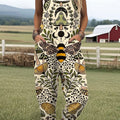 Women's Vintage Symmetrical Flowers Bees  Art Print Casual 100% Cotton Wide Leg Jumpsuit