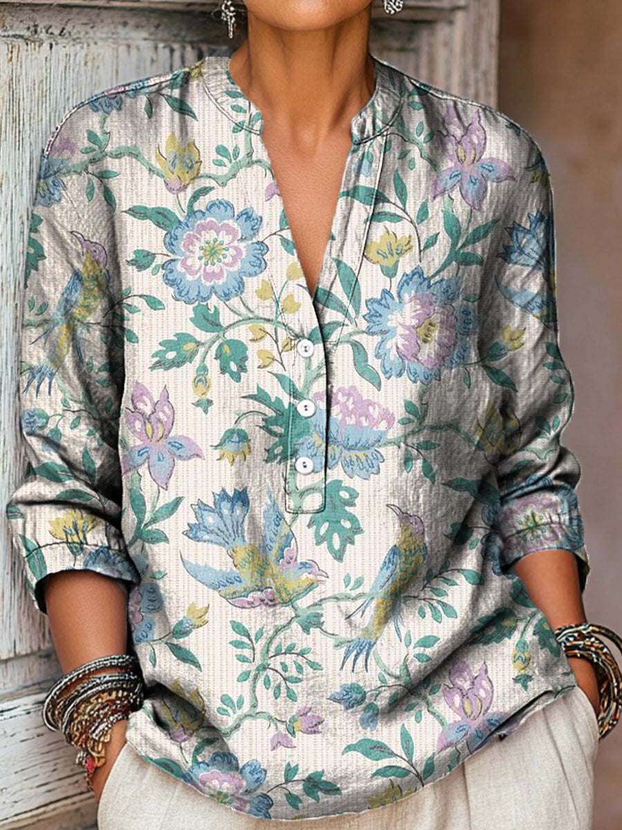Women's Vintage Ethnic Floral Painting Art Print Casual Cotton And Linen Shirt