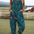 Women's  Vintage Flower Art Print Casual 100% Cotton Wide Leg Jumpsuit