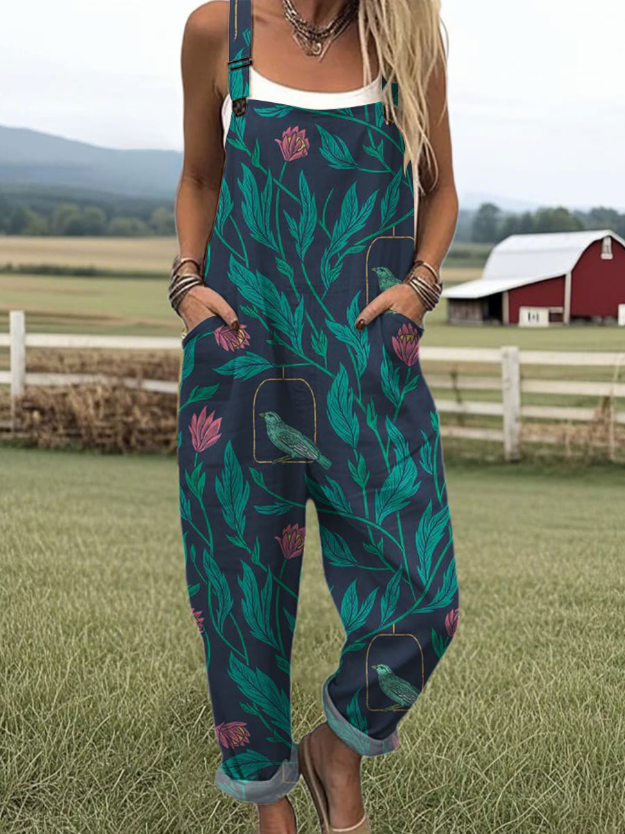 Women's  Vintage Flower Art Print Casual 100% Cotton Wide Leg Jumpsuit