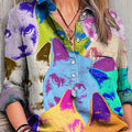 Women's Colorful Cat Portrait Painting Art Print Casual Cotton And Linen Shirt