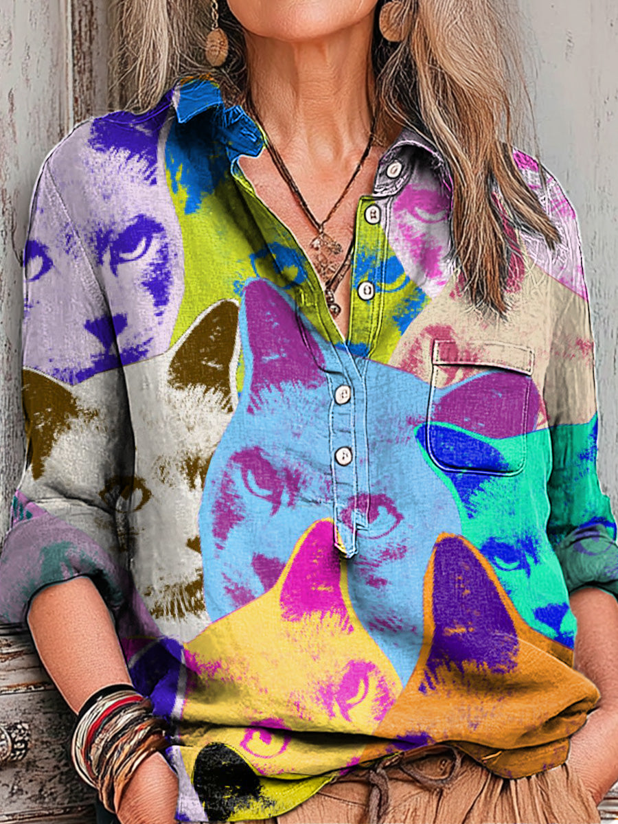 Women's Colorful Cat Portrait Painting Art Print Casual Cotton And Linen Shirt
