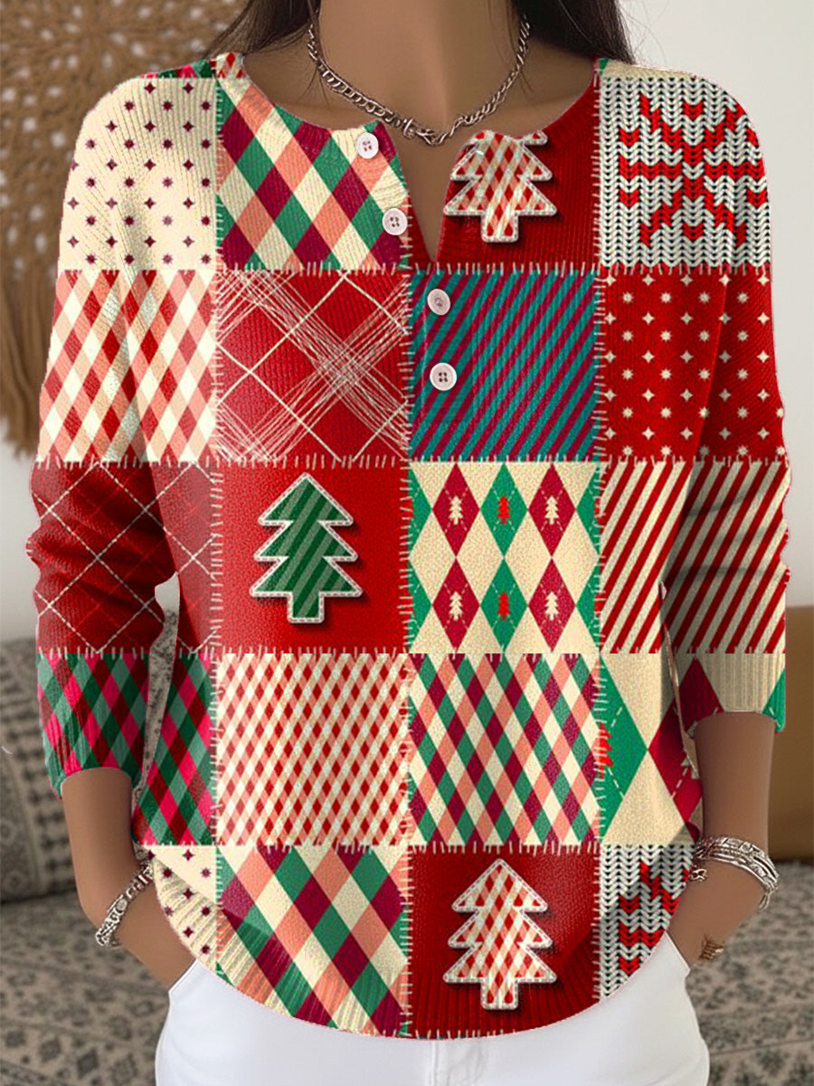 Merry Christmas Christmas Tree Plaid Art Print Buttoned Cardigan Sweater