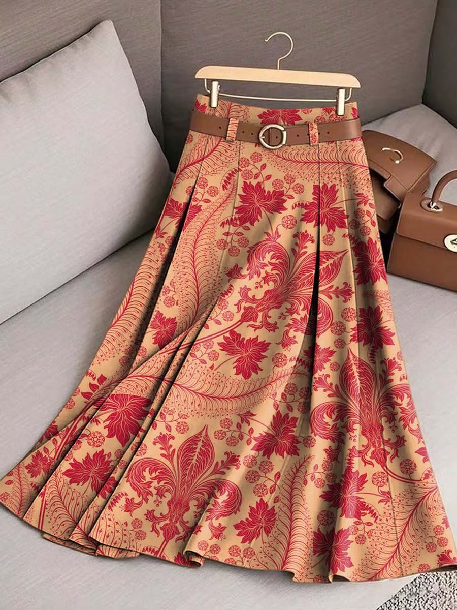 Women's Vintage Floral Pattern Art Print Casual Cotton Skirt