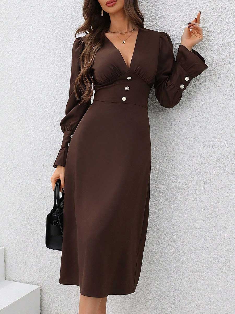 Women's Solid Color Elegant V-neck Shirt Dress