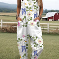 Women's  Vintage Goose Floral Art Print Casual 100% Cotton Wide Leg Jumpsuit