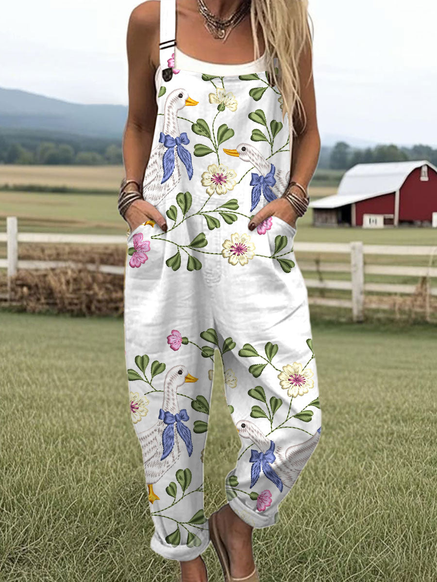 Women's  Vintage Goose Floral Art Print Casual 100% Cotton Wide Leg Jumpsuit