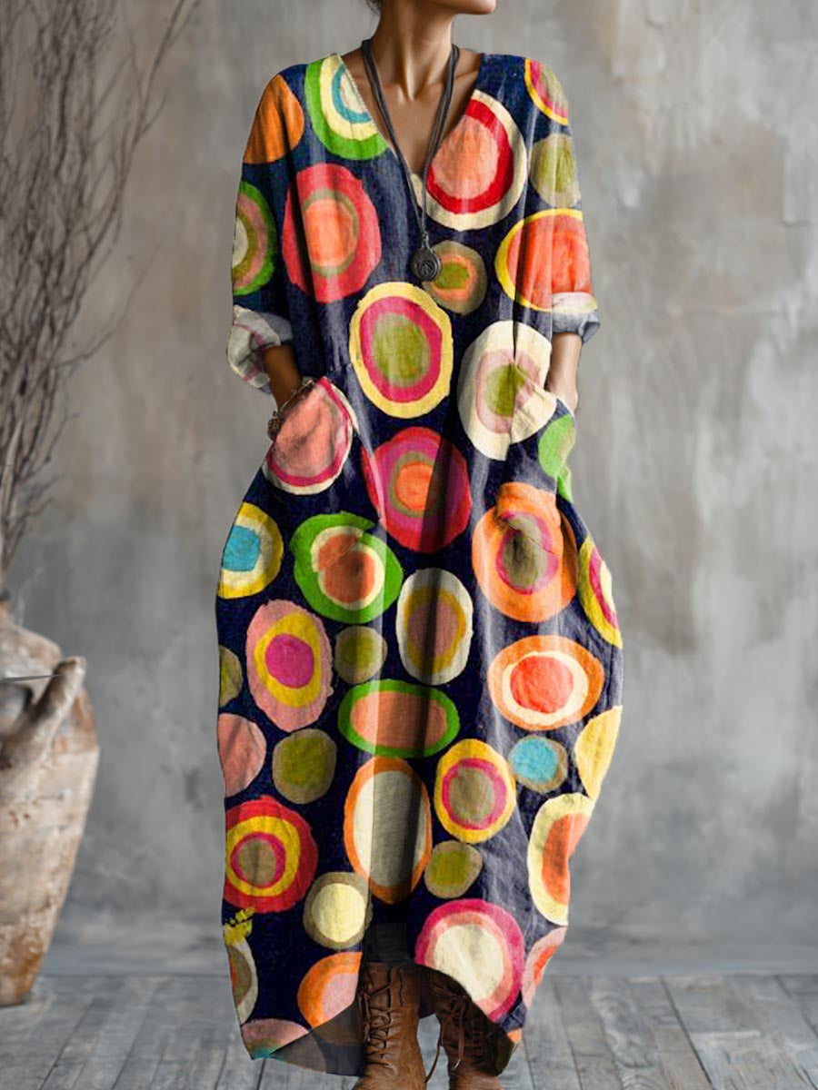 Women's Abstract Pattern Art Print Pocket V-neck Cotton Dress