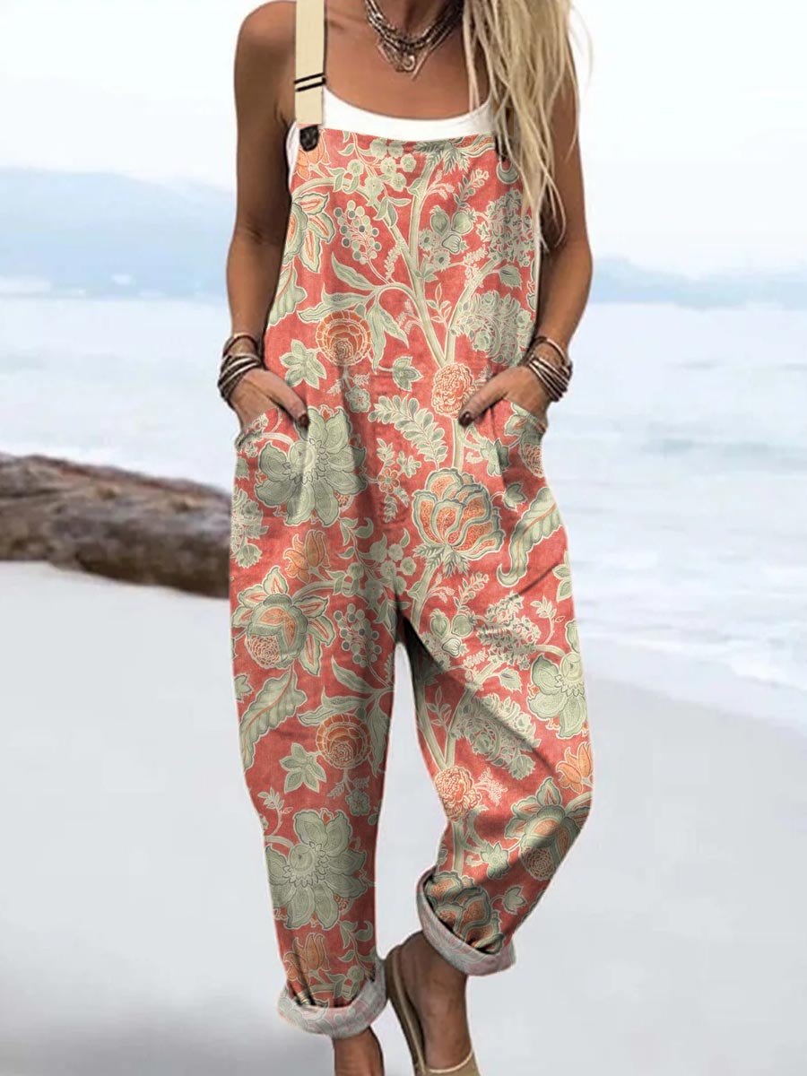 Women's Vintage Floral Art Print Casual 100% Cotton Wide Leg Jumpsuit