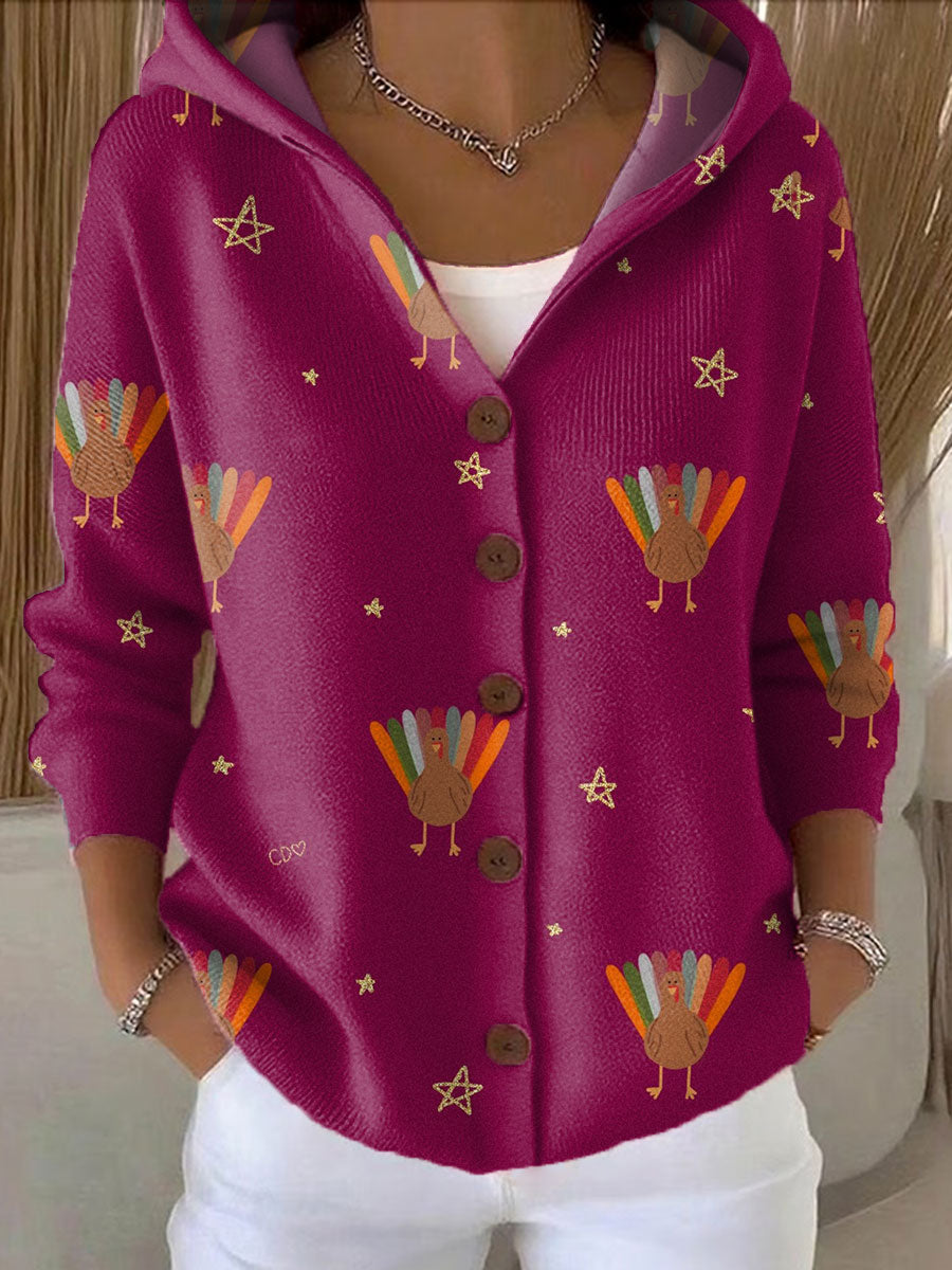 Women's Thanksgiving Retro Turkey Art Printed Casual Hooded Button Sweater