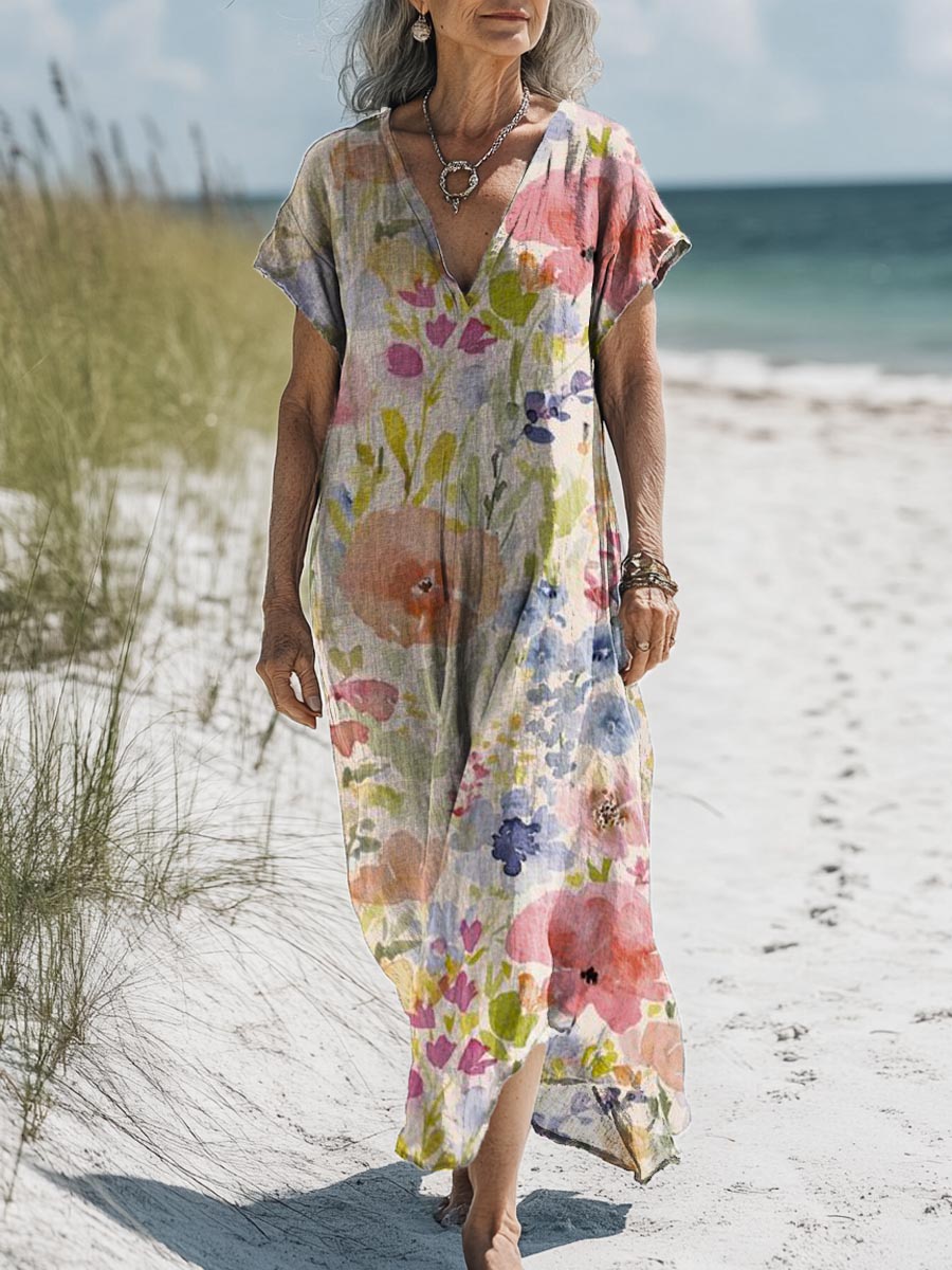 Women's Vintage Lovely Floral Art Print Pocket Cotton Dress