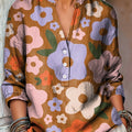 Women's Abstract Multicolor Floral Painting Art Print Casual Cotton And Linen Shirt