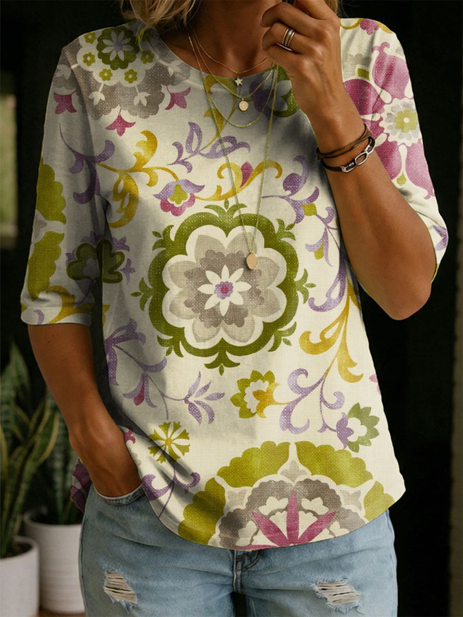 Women's Floral Pattern Art Casual Loose Half Sleeve 100% Cotton T-shirt