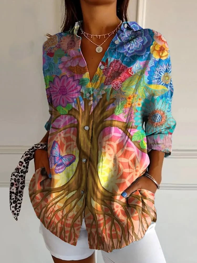 Tree Of Life Art Printed Women's Casual Cotton Shirt