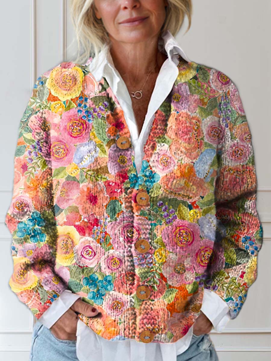Women's Vintage Floral Art Print Buttoned Cardigan Sweater