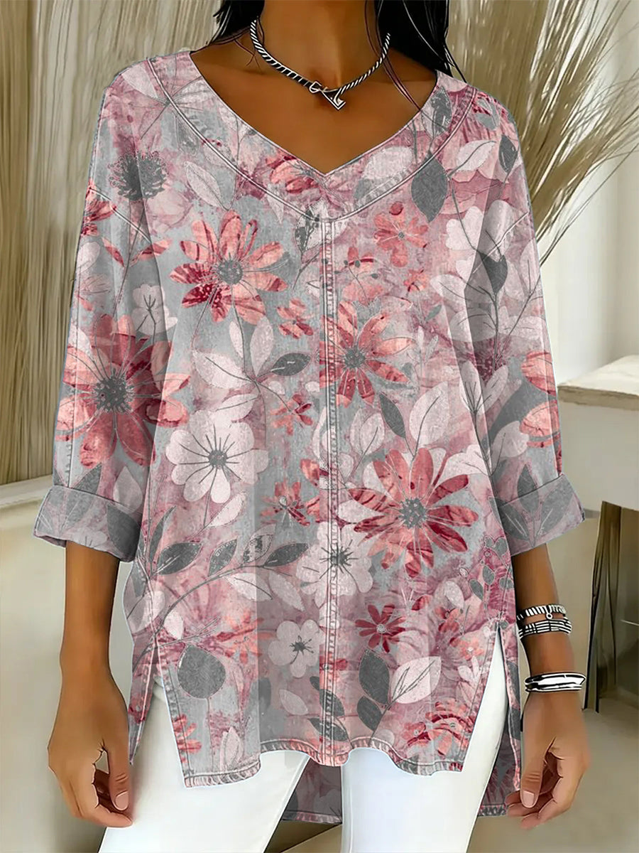 Women's Valentine's Day Flower Art Art Patterns Casual Washed Denim Cotton Top