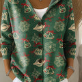 Women's Vintage Christmas Tree Bells Pattern Printed Casual Hooded Button Sweater