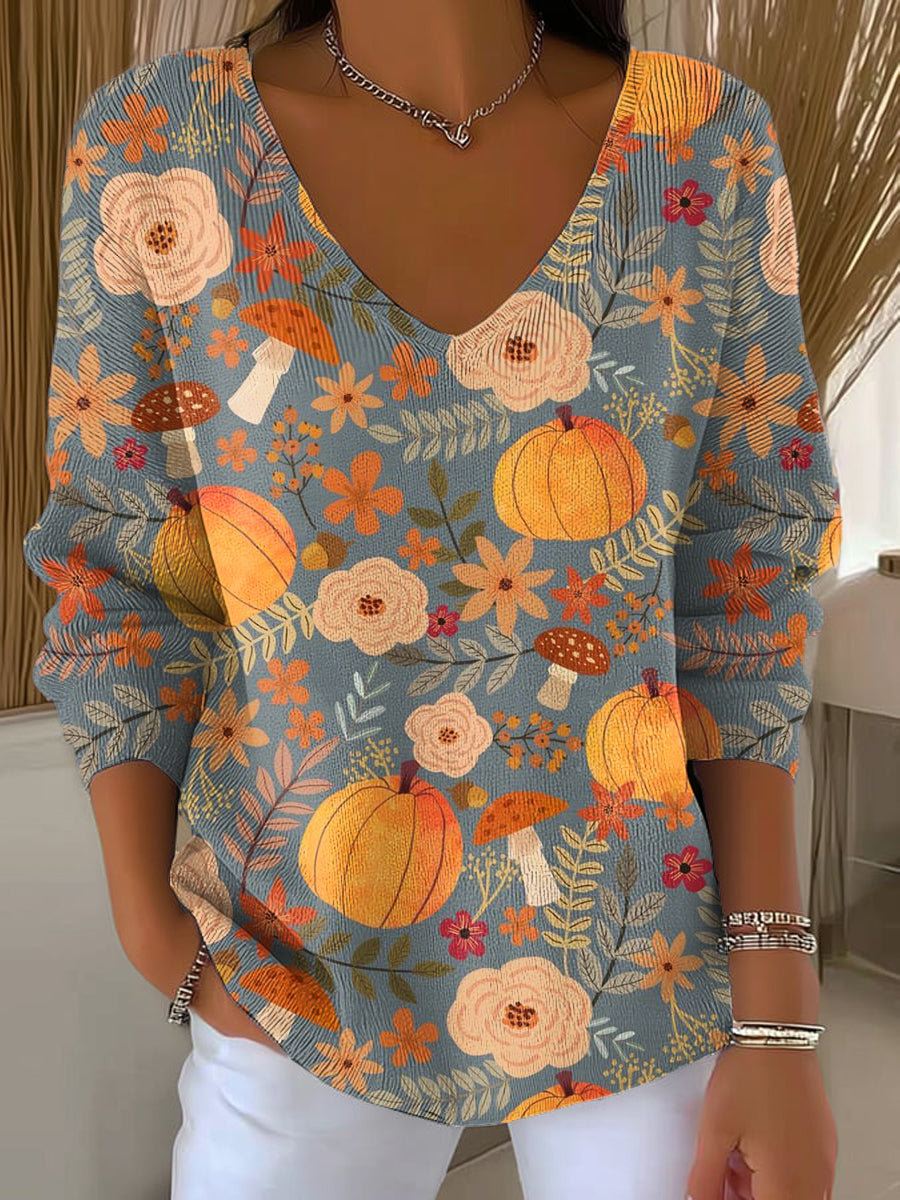womens-floral-pumpkin-painting-art-print-casual-pullover-sweater