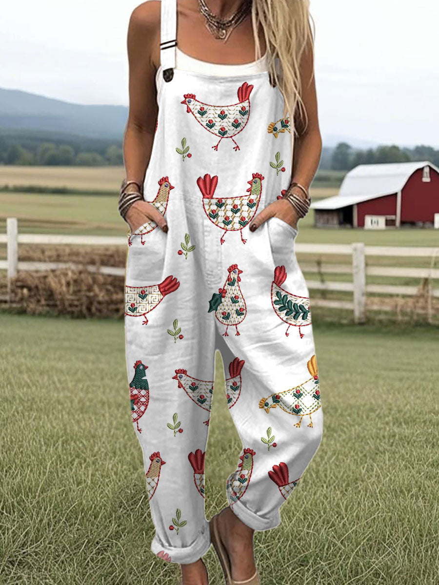 Women's  Funny Chicken Art Print Casual 100% Cotton Wide Leg Jumpsuit