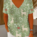 Women's Christmas Graphic Print V-Neck Short Sleeve Casual Loose Pullover Sweater