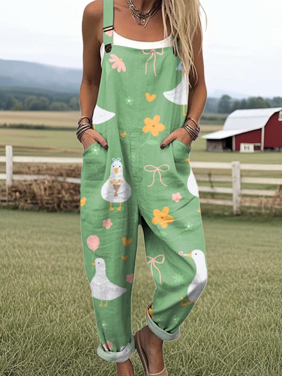Women's Funny Cute Duck Print Casual 100% Cotton Wide Leg Jumpsuit