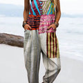 Damen-Jumpsuit im Vintage-Stil mit abstraktem geometrischem Linienmuster, 100 % Baumwolle, weites Bein 