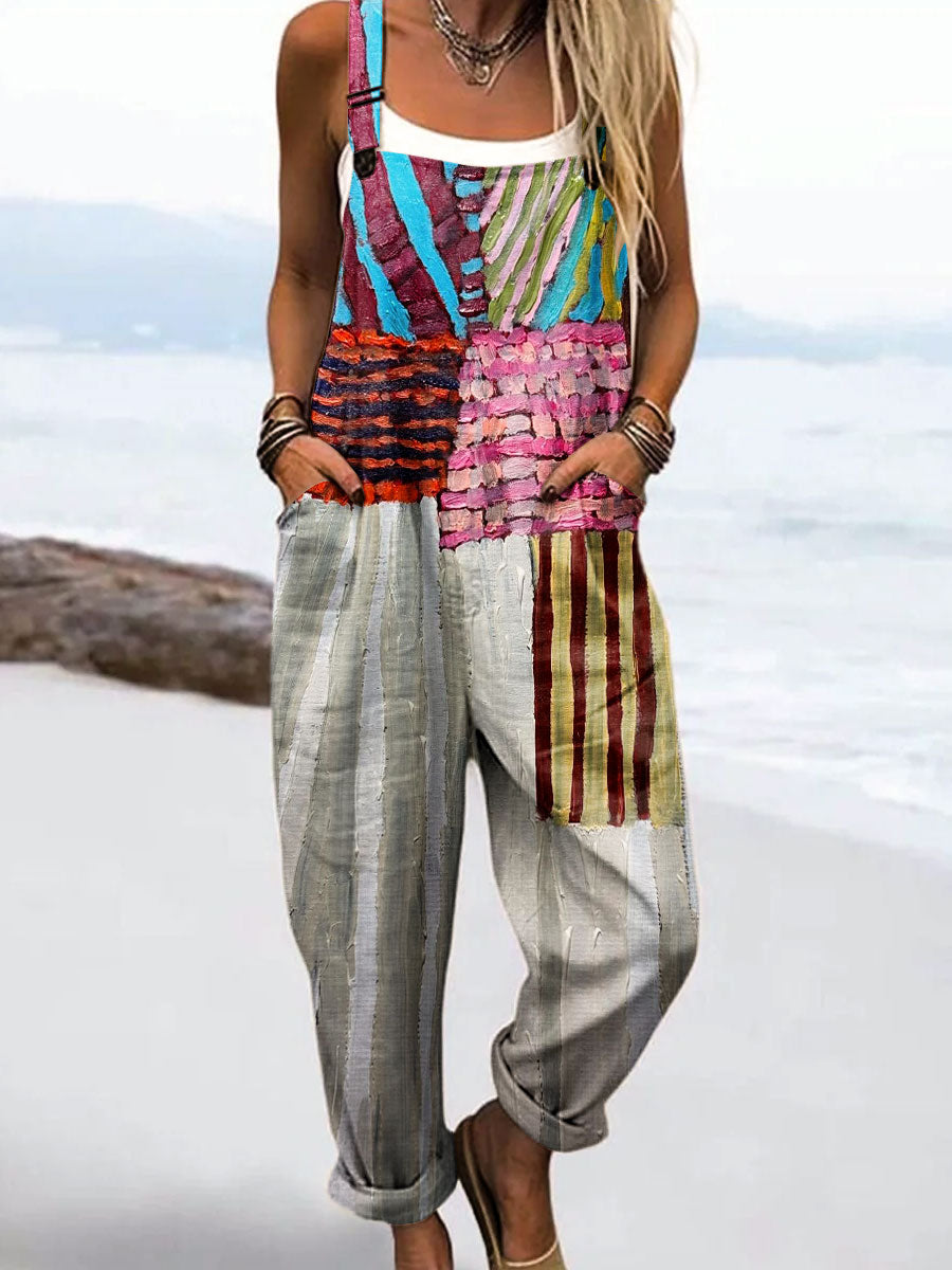 Women's Vintage Abstract Geometric Line Art Print Casual 100% Cotton Wide Leg Jumpsuit