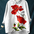 Women's Red Poppy Flower Art Print Casual Cotton And Linen Shirt