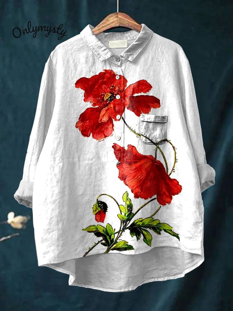 Women's Red Poppy Flower Art Print Casual Cotton And Linen Shirt