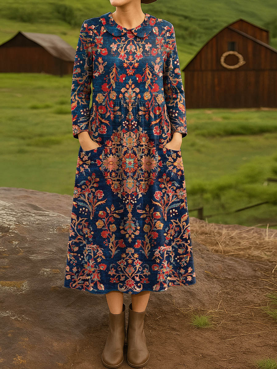 Women's Vintage Floral Art Print Cotton Lapel Shirt Dress