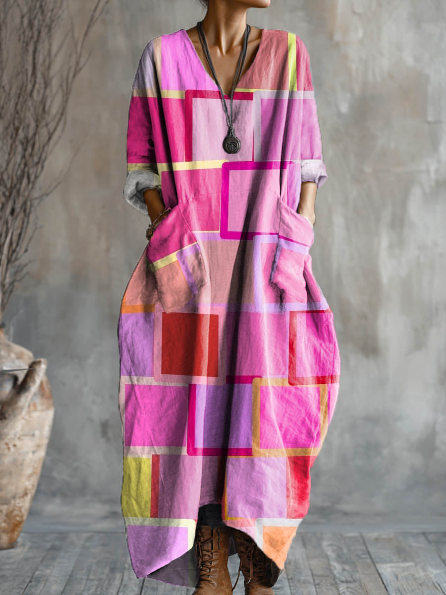 Women's Geometric Art Pattern Print Pocket V-neck Cotton Dress