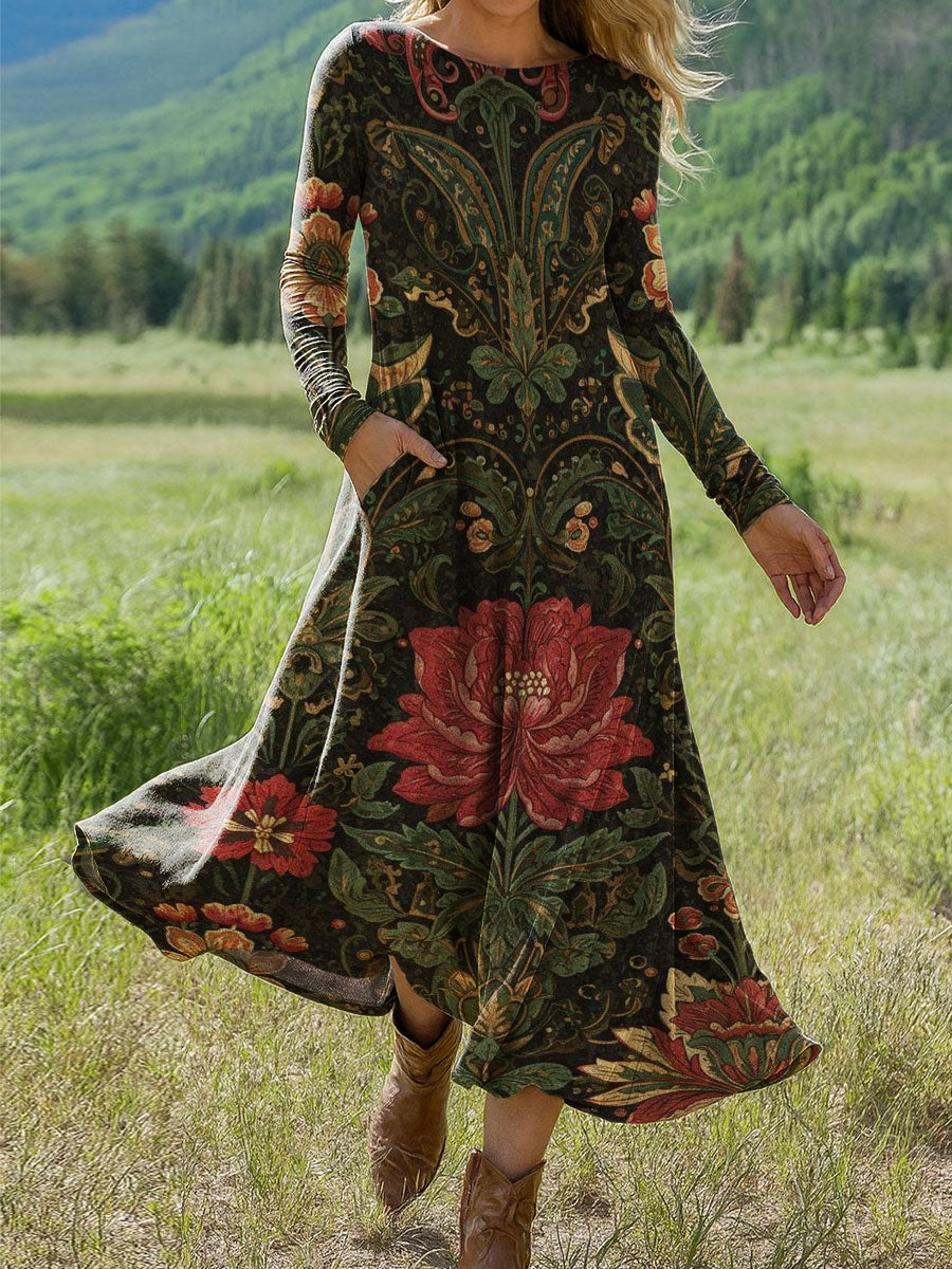 Women's Flowers Floral Art Print Long-sleeved Dress