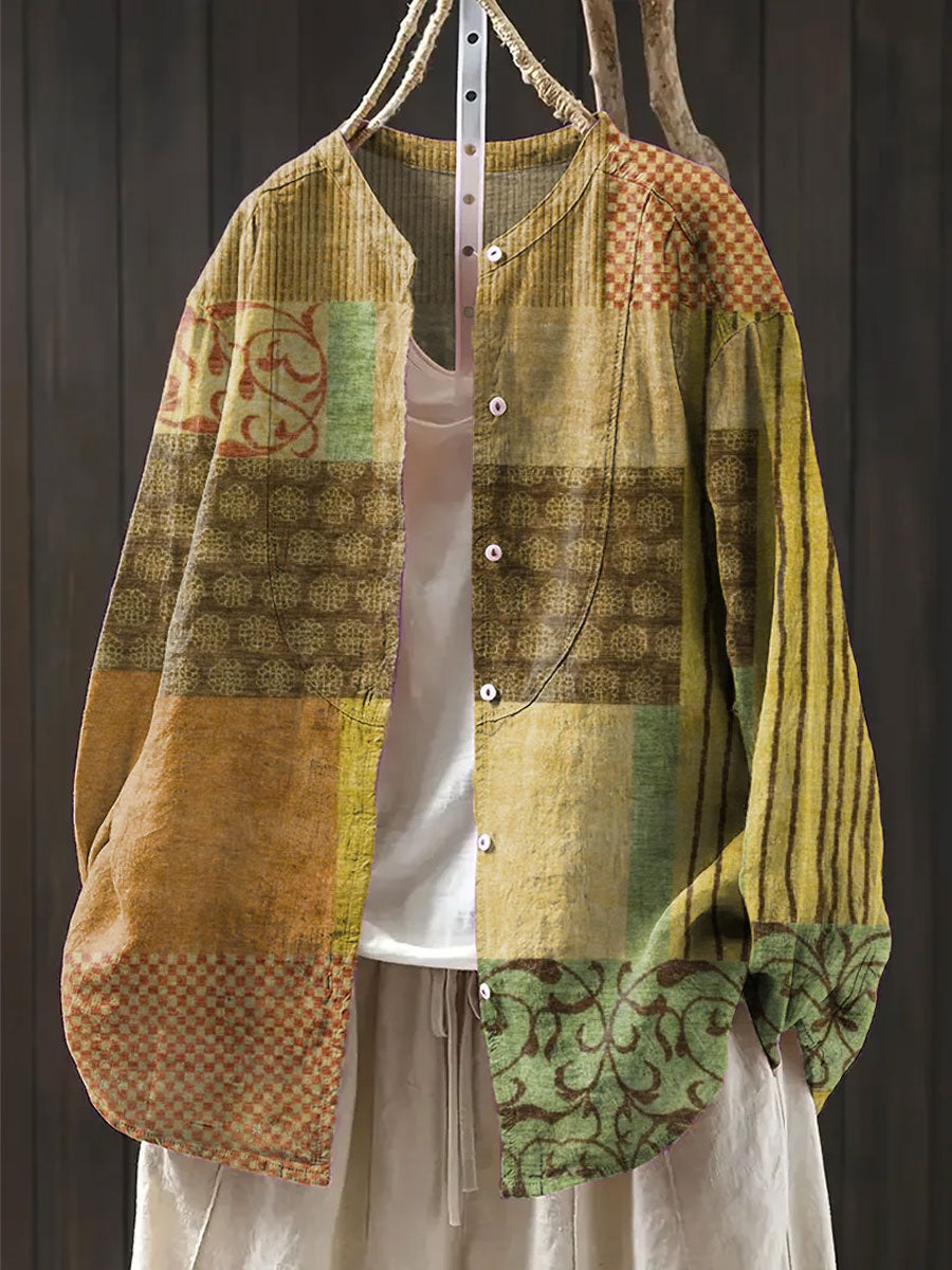 Women's Vintage  Abstract Geometry Art Print Casual Cotton And Linen Shirt