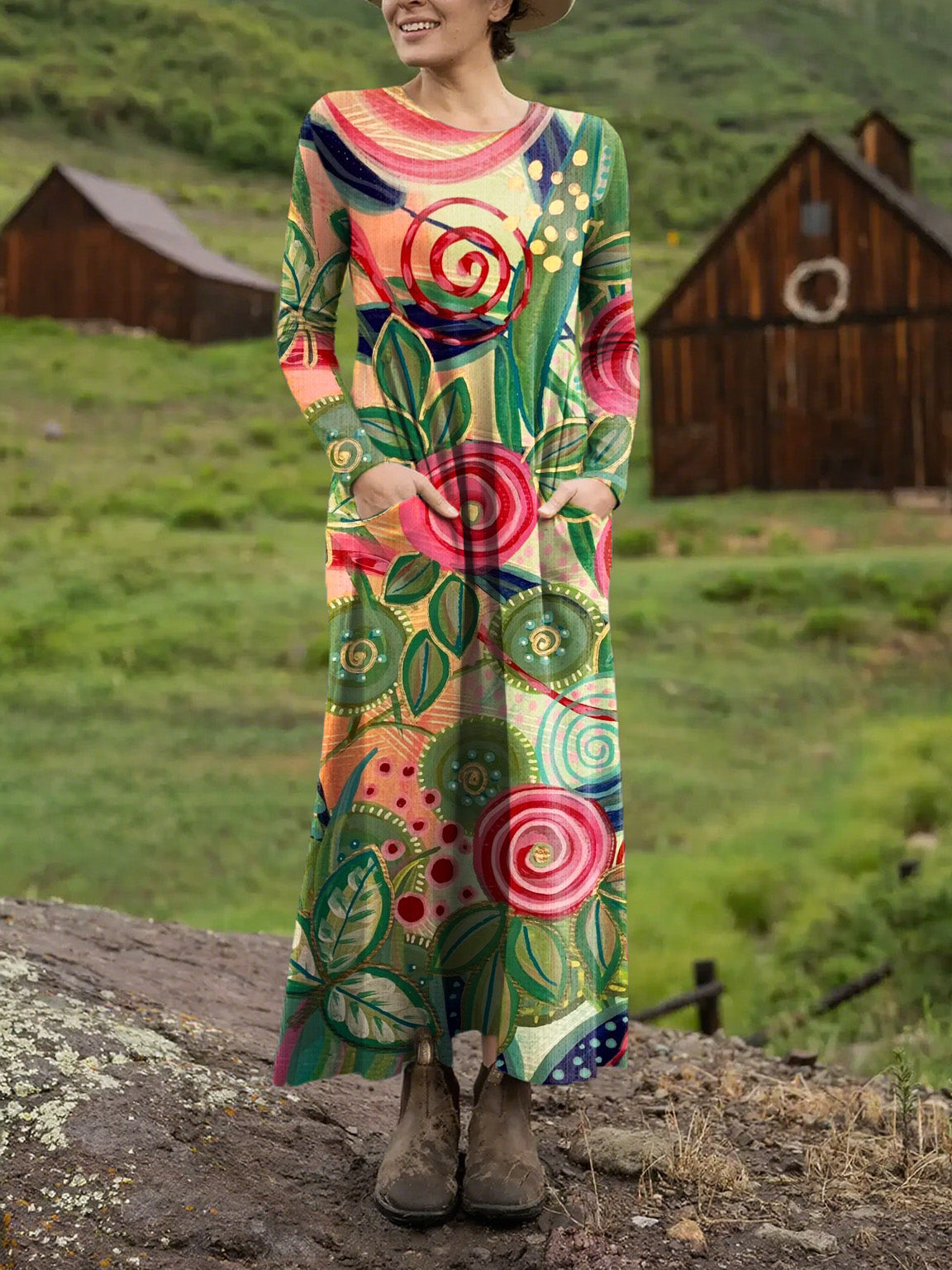 Women's Beautiful Abstract Large Flower Painting Art Print Long-sleeved Dress