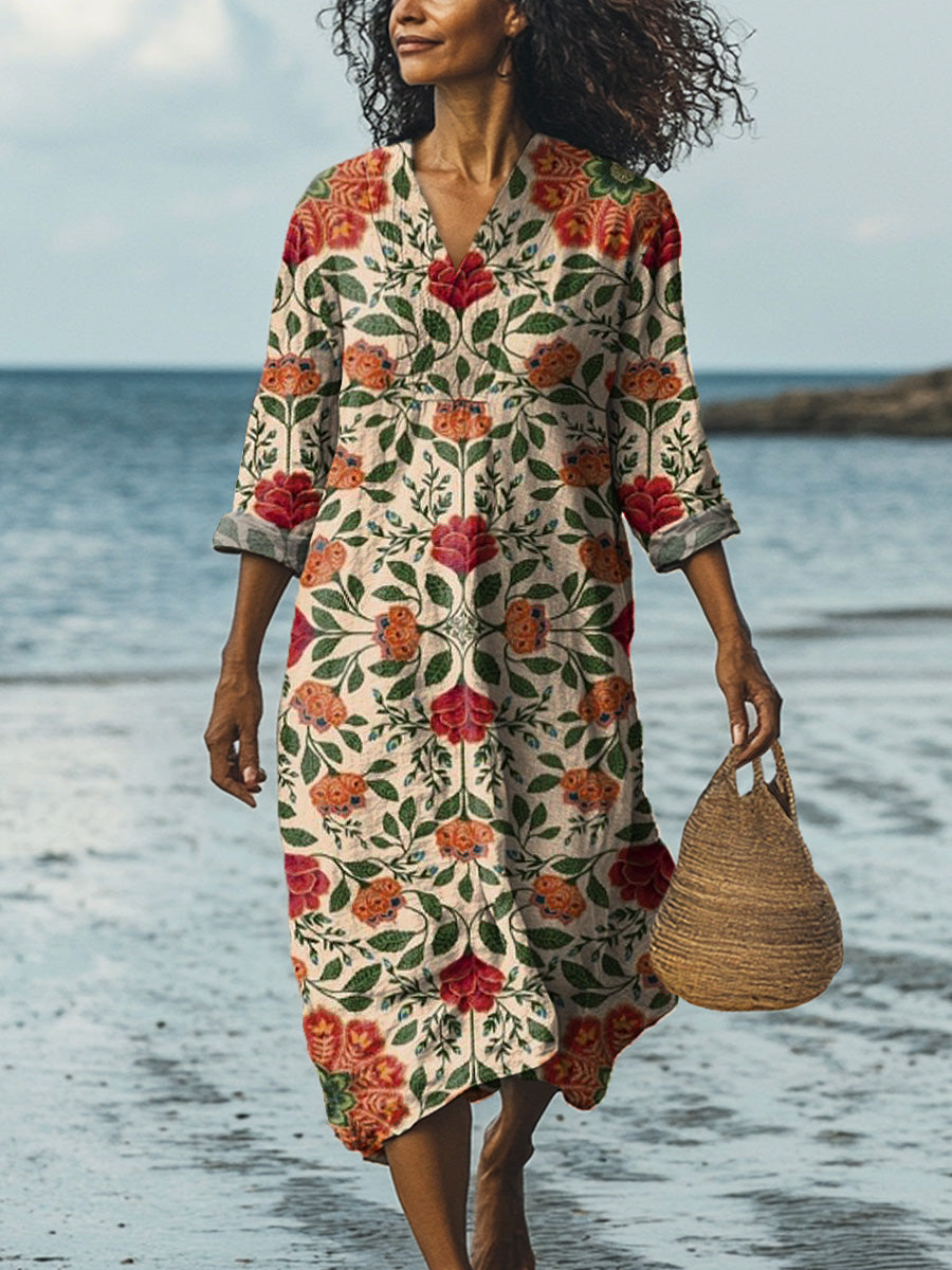 Vintage Symmetrical Floral Pattern Printed Women's Dress