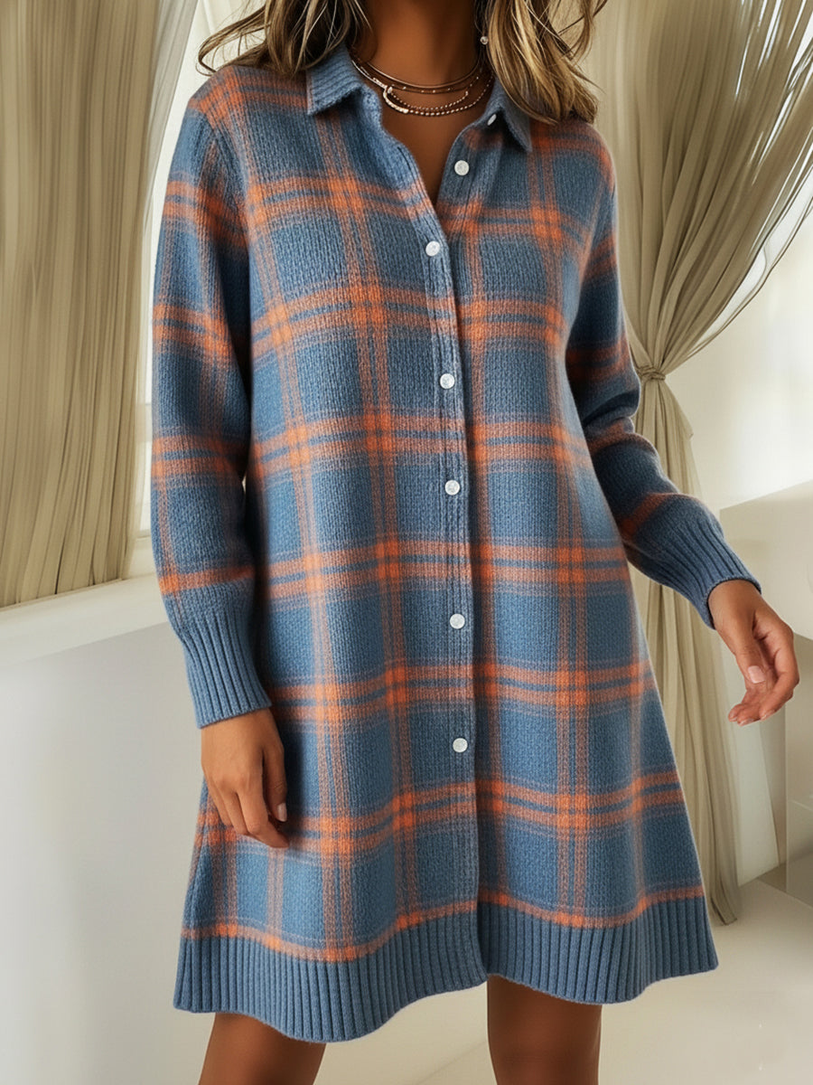 Retro Polo Collar Button-down Plaid Print A-line Knitted Dress