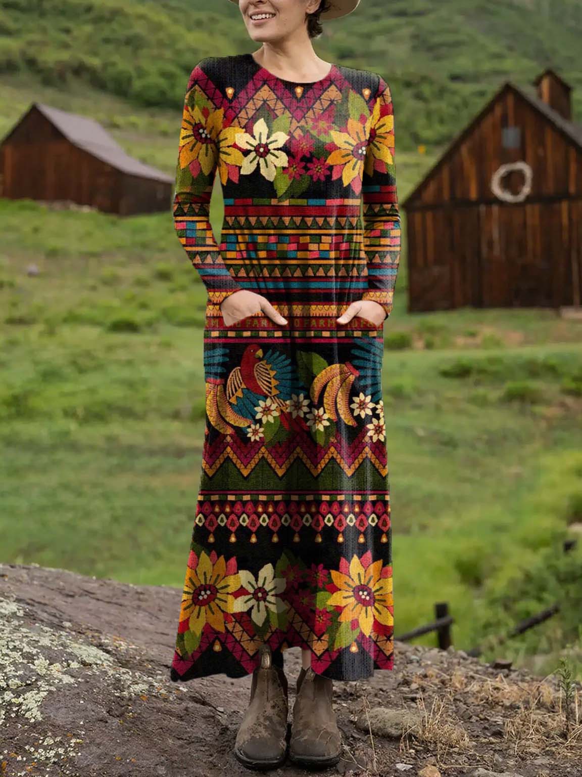 Women's Vintage Floral Art Print Casual Long-sleeved Dress