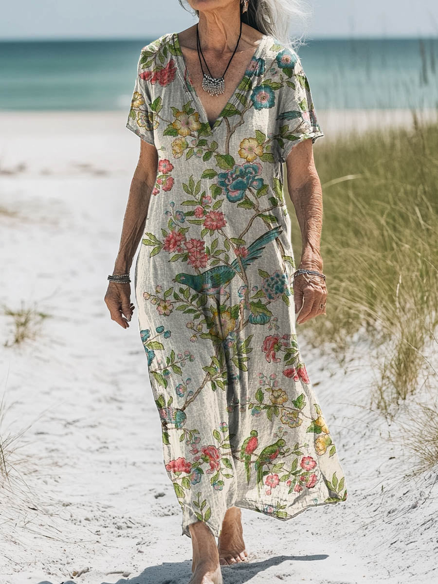 Women's Vintage Floral Bird Art Print Pocket Cotton Dress