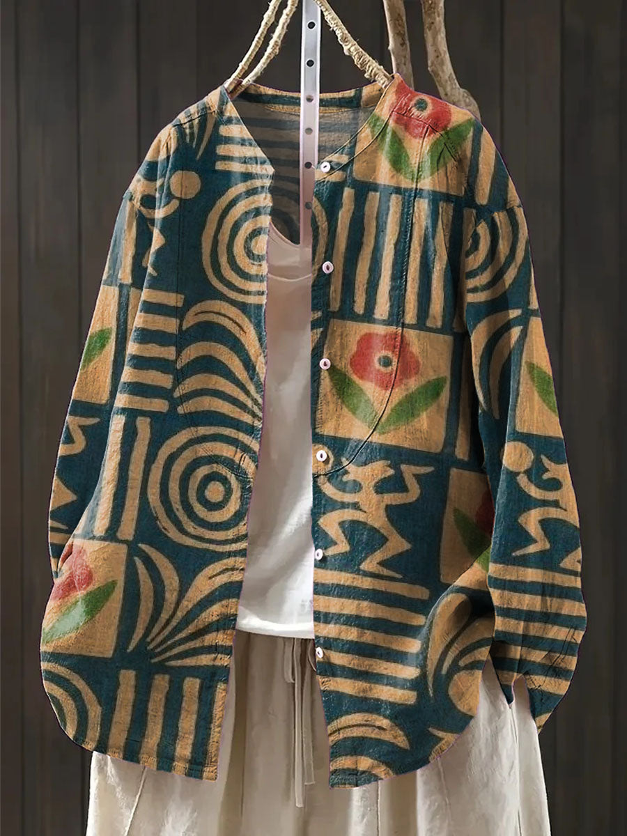 Women's Lattice Segment Flower Art Print Casual Cotton And Linen Shirt