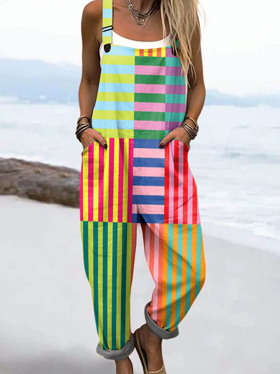 Women's Vintage Abstract Geometric Line Art Print Casual 100% Cotton Wide Leg Jumpsuit