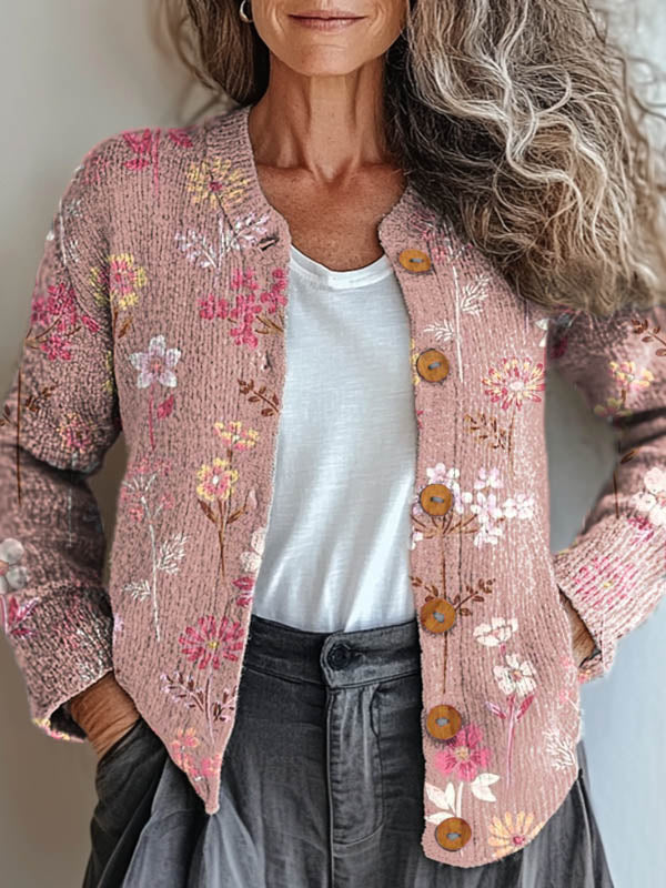 womens-floral-art-print-buttoned-cardigan-sweater