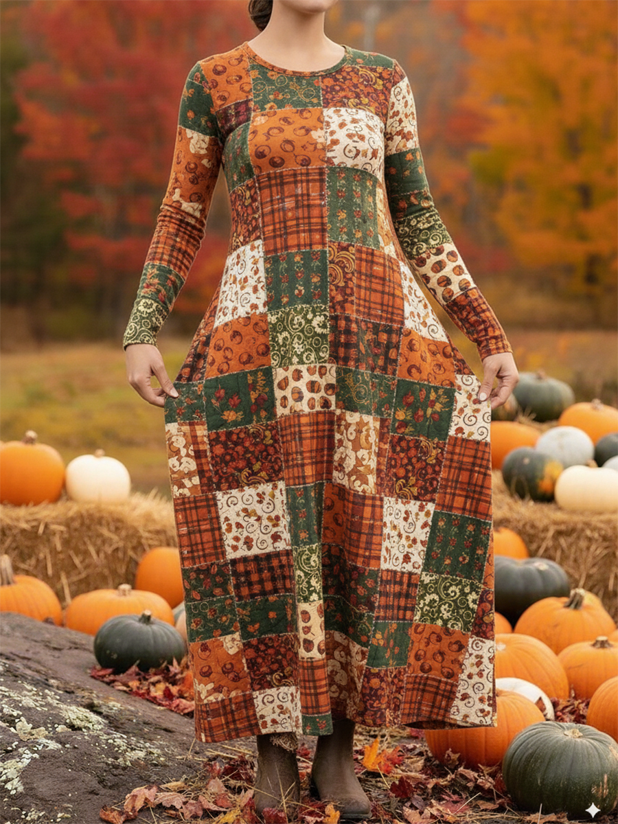Women's Pumpkin Jigsaw Print Stretch Dress